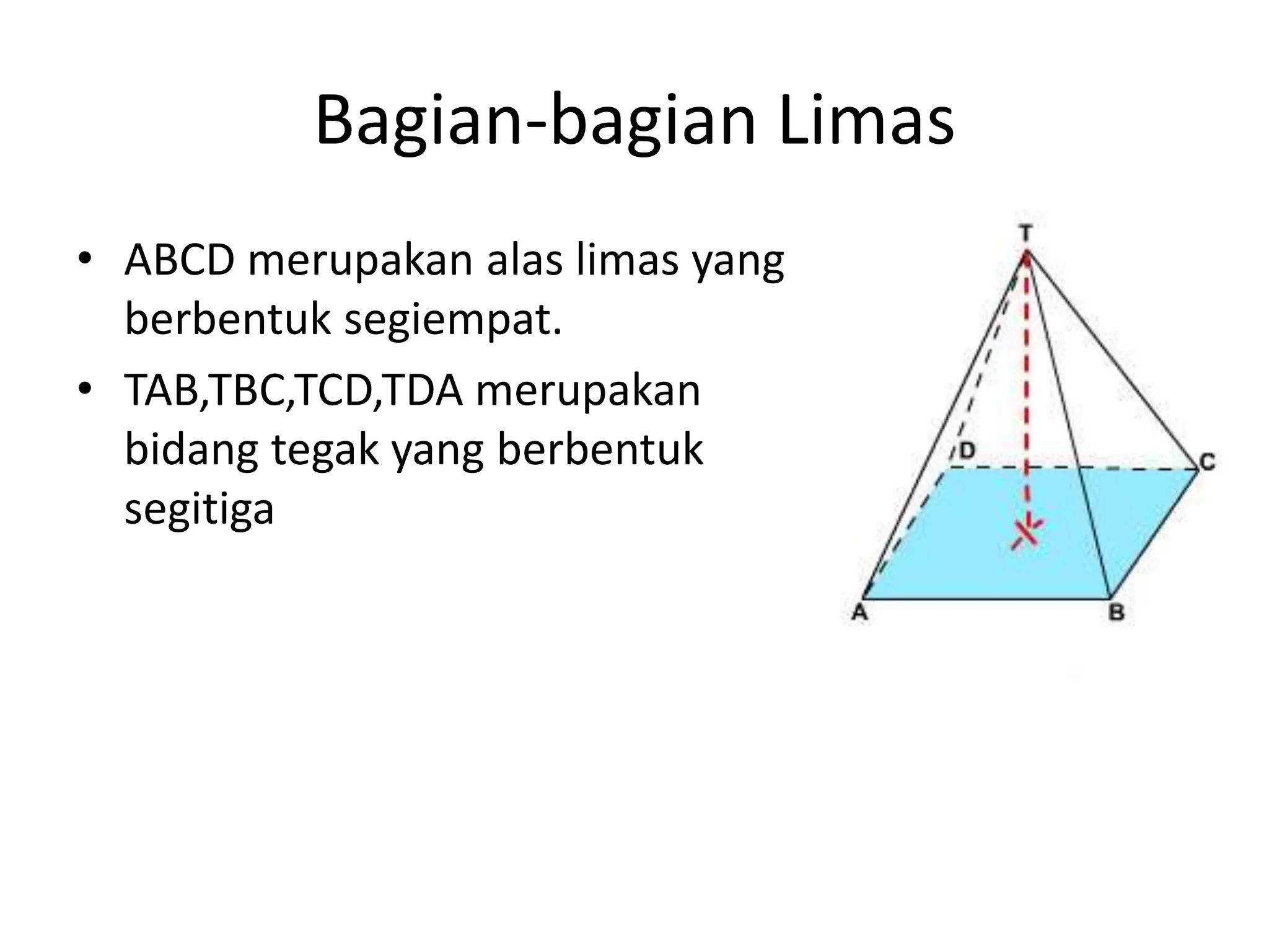 Bagian-bagian Limas
• ABCD merupakan alas limas yang
berbentuk segiempat.
• TAB,TBC,TCD,TDA merupakan
bidang tegak yang berbentuk
segitiga
 