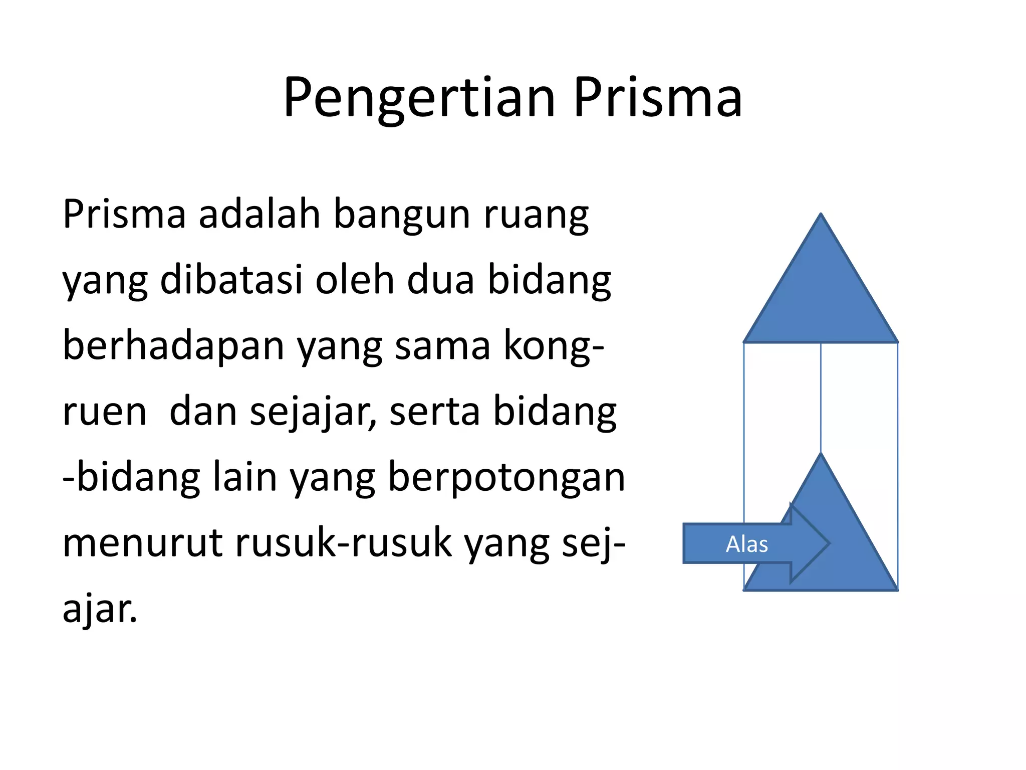 Pengertian Prisma
Prisma adalah bangun ruang
yang dibatasi oleh dua bidang
berhadapan yang sama kong-
ruen dan sejajar, serta bidang
-bidang lain yang berpotongan
menurut rusuk-rusuk yang sej-
ajar.
Alas
 