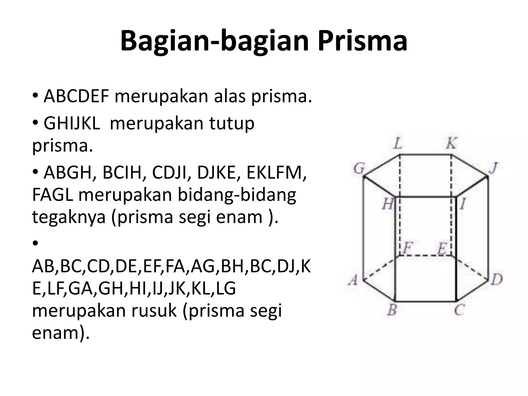 Bagian-bagian Prisma
• ABCDEF merupakan alas prisma.
• GHIJKL merupakan tutup
prisma.
• ABGH, BCIH, CDJI, DJKE, EKLFM,
FAGL merupakan bidang-bidang
tegaknya (prisma segi enam ).
•
AB,BC,CD,DE,EF,FA,AG,BH,BC,DJ,K
E,LF,GA,GH,HI,IJ,JK,KL,LG
merupakan rusuk (prisma segi
enam).
 