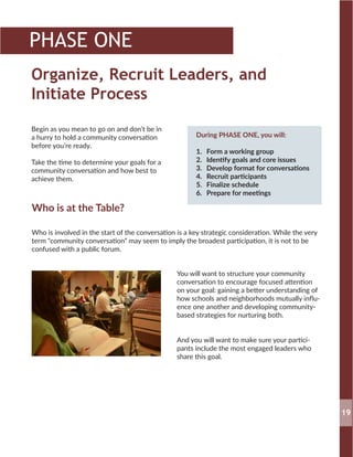 Organize, Recruit Leaders, and
Initiate Process
Begin as you mean to go on and don’t be in
a hurry to hold a community conversation
before you’re ready.
Take the time to determine your goals for a
community conversation and how best to
achieve them.
During PHASE ONE, you will:
1.	 Form a working group
2.	 Identify goals and core issues
3.	 Develop format for conversations
4.	 Recruit participants
5.	 Finalize schedule
6.	 Prepare for meetings
Who is at the Table?
Who is involved in the start of the conversation is a key strategic consideration. While the very
term “community conversation” may seem to imply the broadest participation, it is not to be
confused with a public forum.
You will want to structure your community
conversation to encourage focused attention
on your goal: gaining a better understanding of
how schools and neighborhoods mutually influ-
ence one another and developing community-
based strategies for nurturing both.
And you will want to make sure your partici-
pants include the most engaged leaders who
share this goal.
19
PHASE ONE
 