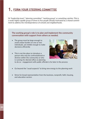 FORM YOUR STEERING COMMITTEE1.
Or “leadership team”, “planning committee”, “working group”, or something catchier. This is
a small, highly capable group of three to five people already motivated by a shared commit-
ment to address the interdependence of schools and neighborhoods.
The working group’s role is to plan and implement the community
conversation with support from others as needed.
•	 The group must be large enough to
avoid undue burden on one or two
individuals, yet nimble enough to make
decisions efficiently
•	 This is not the place to introduce a
person who may be confrontational or
divisive within the community or who
is running for elected office or planning
to do so - engagement with public officials is for later in the process
•	 Go beyond the “usual suspects” to bring new energy to the planning work
•	 Strive for broad representation from the business, nonprofit, faith, housing,
and education sectors
20
 
