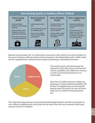 7
Research demonstrates that “in-school factors account for only a third or less of the variation of
test scores” between affluent and low-income students in the United States with a child’s family
and the neighborhood in which they live equally contributing to educational outcomes.
The socioeconomic achievement gap has
widened by 30 to 40 percent in the last half
century, paralleled since 2000 by an increase
in areas of concentrated poverty in our
communities.
More than 16 million American children are
growing up in impoverished households, half
of them in neighborhoods of concentrated
poverty where 30 percent or more of house-
holds are at or below the federal poverty
line.
The achievement gap between economically disadvantaged students and their counterparts in
more affluent neighborhoods and schools may be worse than the most commonly relied upon
measure has led us to believe.
Family
School
Neighborhood
 