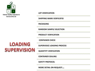 LOT VERIFICATION
SHIPPING MARK VERFICATIO
PACKAGING
RANDOM SAMPLE SELECTION
PRODUCT VERFICATION
CONTAINER CHECK
SUPERVOICE LOADING PROCESS
QUANTITY VERFICATION
CONTAINER SEALING
SAFETY PROTOCOL
MORE DETAIL ON REQUEST…
 