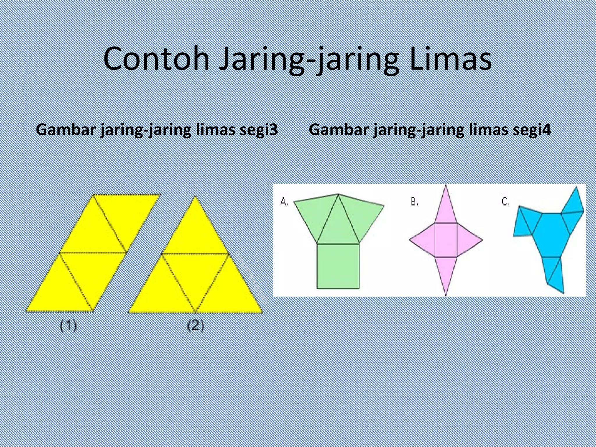 Contoh Jaring-jaring Limas
Gambar jaring-jaring limas segi3 Gambar jaring-jaring limas segi4
 