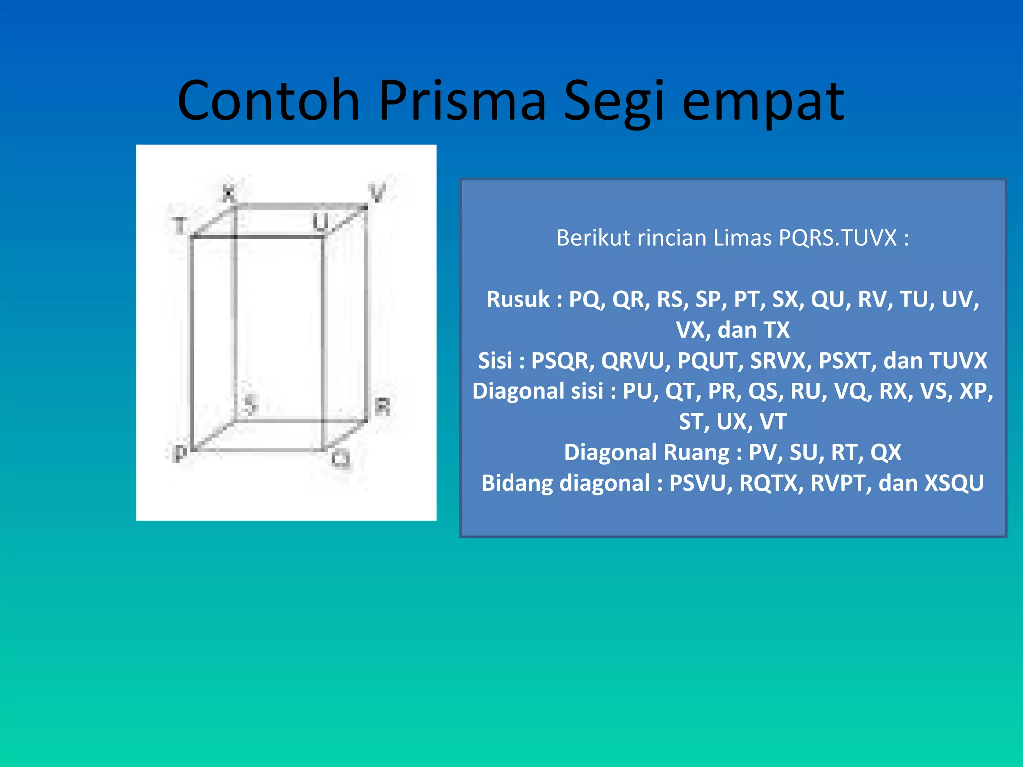 Contoh Prisma Segi empat
Berikut rincian Limas PQRS.TUVX :
Rusuk : PQ, QR, RS, SP, PT, SX, QU, RV, TU, UV,
VX, dan TX
Sisi : PSQR, QRVU, PQUT, SRVX, PSXT, dan TUVX
Diagonal sisi : PU, QT, PR, QS, RU, VQ, RX, VS, XP,
ST, UX, VT
Diagonal Ruang : PV, SU, RT, QX
Bidang diagonal : PSVU, RQTX, RVPT, dan XSQU
 