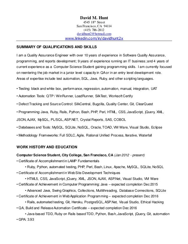 david hunt resume qa 2015 resume qa
