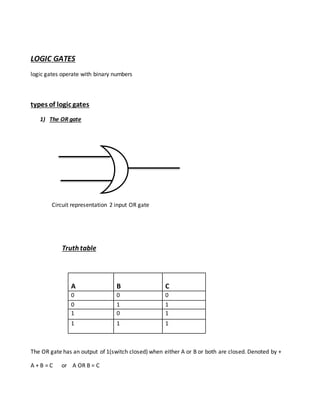 LOGIC GATES
logic gates operate with binary numbers
types of logic gates
1) The OR gate
Circuit representation 2 input OR gate
Truth table
A B C
0 0 0
0 1 1
1 0 1
1 1 1
The OR gate has an output of 1(switch closed) when either A or B or both are closed. Denoted by +
A + B = C or A OR B = C
 