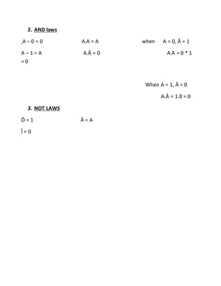 2. AND laws
A – 0 = 0 A.A = A when A = 0, Ā = 1
A – 1 = A A.Ā = 0 A.A = 0 * 1
= 0
When A = 1, Ā = 0
A.Ā = 1.0 = 0
3. NOT LAWS
Ō = 1 Ā = A
Ī = 0
 