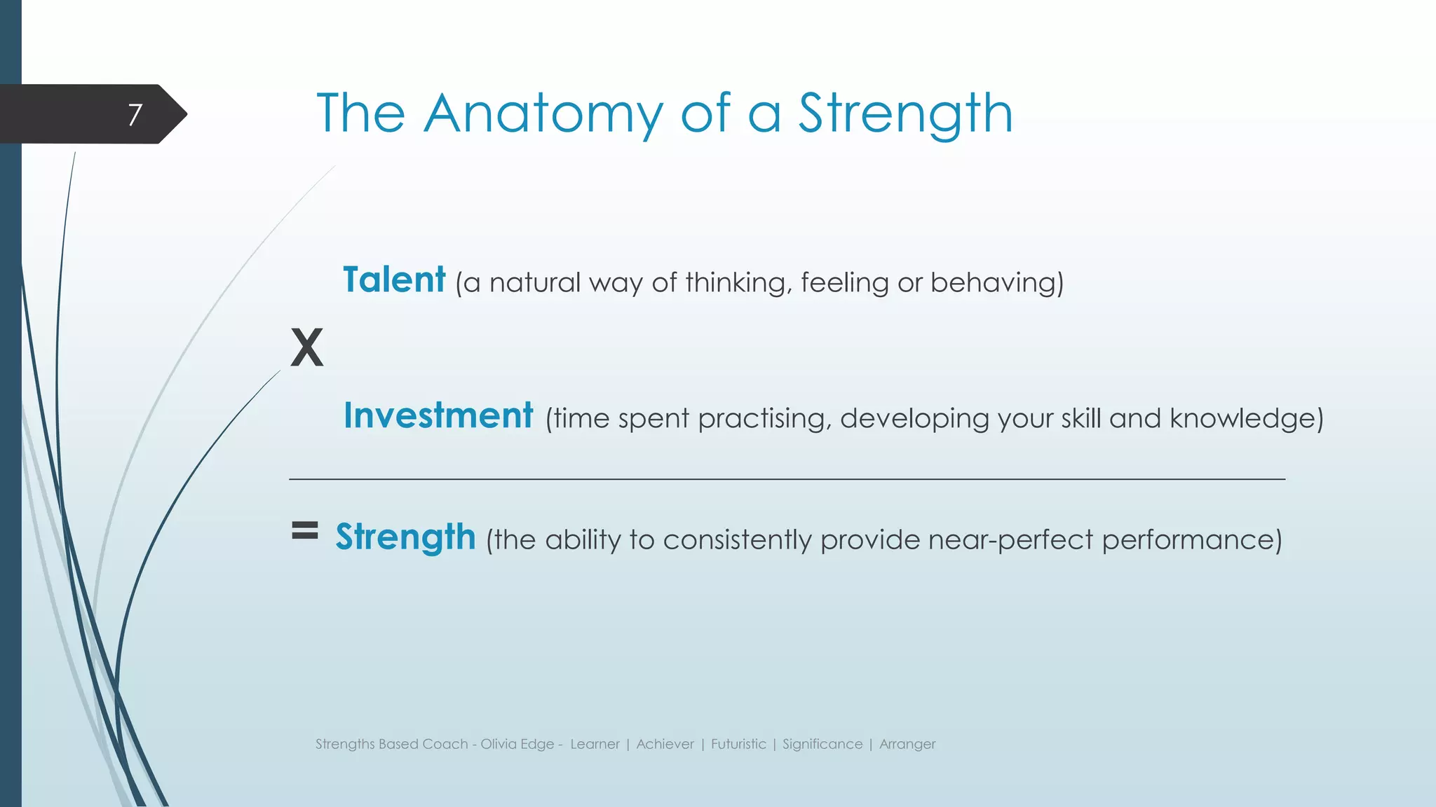 The Anatomy of a Strength
Talent (a natural way of thinking, feeling or behaving)
X
Investment (time spent practising, developing your skill and knowledge)
__________________________________________________________________________
= Strength (the ability to consistently provide near-perfect performance)
Strengths Based Coach - Olivia Edge - Learner | Achiever | Futuristic | Significance | Arranger
7
 