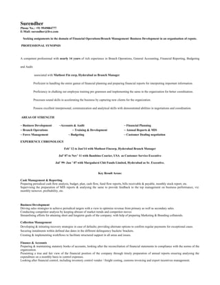 Surendher 
Phone No.: +91 9949884777 
E-Mail: surendher@live.com 
Seeking assignments in the domain of Financial Operations/Branch Management/ Business Development in an organisation of repute. 
PROFESSIONAL SYNOPSIS 
A competent professional with nearly 14 years of rich experience in Branch Operations, General Accounting, Financial Reporting, Budgeting 
and Audit. 
associated with Muthoot Fin corp, Hyderabad as Branch Manager 
Proficient in handling the entire gamut of financial planning and preparing financial reports for interpreting important information. 
Proficiency in chalking out employee training pro grammes and implementing the same in the organization for better coordination. 
Processes sound skills in accelerating the business by capturing new clients for the organization. 
Possess excellent interpersonal, communication and analytical skills with demonstrated abilities in negotiations and coordination. 
AREAS OF STRENGTH 
~ Business Development ~Accounts & Audit ~ Financial Planning 
~ Branch Operations ~ Training & Development ~ Annual Reports & MIS 
~ Forex Management ~ Budgeting ~ Customer Dealing negotiation 
EXPERIENCE CHRONOLOGY 
Feb’ 12 to Jun'14 with Muthoot Fincorp, Hyderabad Branch Manager 
Jul’ 07 to Nov’ 11 with Bambino Courier, USA as Customer Service Executive 
Jul’ 99- Jun ’ 07 with Margadarsi Chit Funds Limited, Hyderabad as Sr. Executive. 
Key Result Areas: 
Cash Management & Reporting 
Preparing periodical cash flow analysis, budget, plan, cash flow, fund flow reports, bills receivable & payable, monthly stock report, etc. 
Supervising the preparation of MIS reports & analysing the same to provide feedback to the top management on business performance, viz. 
monthly turnover, profitability, etc. 
Business Development 
Driving sales strategies to achieve periodical targets with a view to optimize revenue from primary as well as secondary sales. 
Conducting competitor analysis by keeping abreast of market trends and competitor moves 
Streamlining efforts for attaining short and longterm goals of the company; with help of preparing Marketing & Branding collaterals. 
Collection Management 
Developing & initiating recovery strategies in case of defaults; providing alternate options to confirm regular payments for exceptional cases. 
Securing instalments within defined due dates in the different delinquency buckets/ brackets. 
Creating & implementing workflows to facilitate structured support in all areas and issues. 
Finance & Accounts 
Preparing & maintaining statutory books of accounts; looking after the reconciliation of financial statements in compliance with the norms of the 
organization. 
Presenting a true and fair view of the financial position of the company through timely preparation of annual reports ensuring analysing the 
expenditure on a monthly basis to control expenses. 
Looking after financial control, including inventory control vendor / freight costing, customs invoicing and export incentives management. 
 