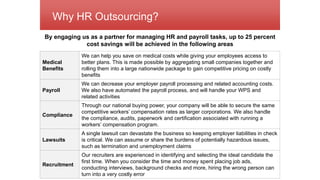 Why HR Outsourcing?
Medical
Benefits
We can help you save on medical costs while giving your employees access to
better plans. This is made possible by aggregating small companies together and
rolling them into a large nationwide package to gain competitive pricing on costly
benefits
Payroll
We can decrease your employer payroll processing and related accounting costs.
We also have automated the payroll process, and will handle your WPS and
related activities
Compliance
Through our national buying power, your company will be able to secure the same
competitive workers’ compensation rates as larger corporations. We also handle
the compliance, audits, paperwork and certification associated with running a
workers’ compensation program.
Lawsuits
A single lawsuit can devastate the business so keeping employer liabilities in check
is critical. We can assume or share the burdens of potentially hazardous issues,
such as termination and unemployment claims
Recruitment
Our recruiters are experienced in identifying and selecting the ideal candidate the
first time. When you consider the time and money spent placing job ads,
conducting interviews, background checks and more, hiring the wrong person can
turn into a very costly error
By engaging us as a partner for managing HR and payroll tasks, up to 25 percent
cost savings will be achieved in the following areas
 