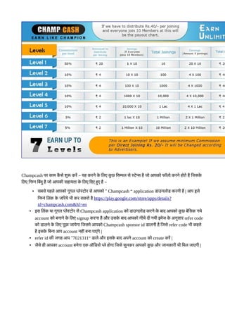 Champcash पर कबाम कहै सके शसरू करमें – यह करनके कके कलए कस छ कसम्पल सके स्टकेप्स हहै जतो आपकतो फटॉलतो करनके हतोतके हहै कजसकके
कलए कनम्न कबयोंदस हहै जतो आपकनी सहबायतबा कके कलए कदए हसए हहै –
• सबसके पहलके आपकतो गदगल प्लकेस्टतोर सके आपकतो “ Champcash “ application रबाउनलतोर करननी हहै | आप इसके
कनम्नयों कलयोंक कके जकरयके रनी कर सकतके हहै https://play.google.com/store/apps/details?
id=champcash.com&hl=en
• इस कलयोंक यबा गदगल प्लकेस्टतोर सके Champcash application कतो रबाउनलतोर करनके कके बबाद आपकतो कस छ बकेकसक नयके
account कतो बनबानके कके कलए signup करनबा हहै और उसकके बबाद आपकतो ननीचके दनी गयनी इमकेज कके अनससबार refer code
कतो रबालनके कके कलए पदछबा जबायकेगबा कजसमके आपकतो Champcash sponsor id रबालननी हहै कजसके refer code रनी कहतके
हहै इसकके कबनबा आप account नहनीयों बनबा पबाएयोंगके |
• refer id कनी जगह आप “7021311“ रबालके और इसकके बबाद अपनके account कतो create करमें |
• जहैसके हनी आपकबा account बनकेगबा एक ऑकरयतो प्लके हतोगबा कजसके ससनकर आपकतो कस छ और जबानकबारनी रनी कमल जबाएगनी |
 