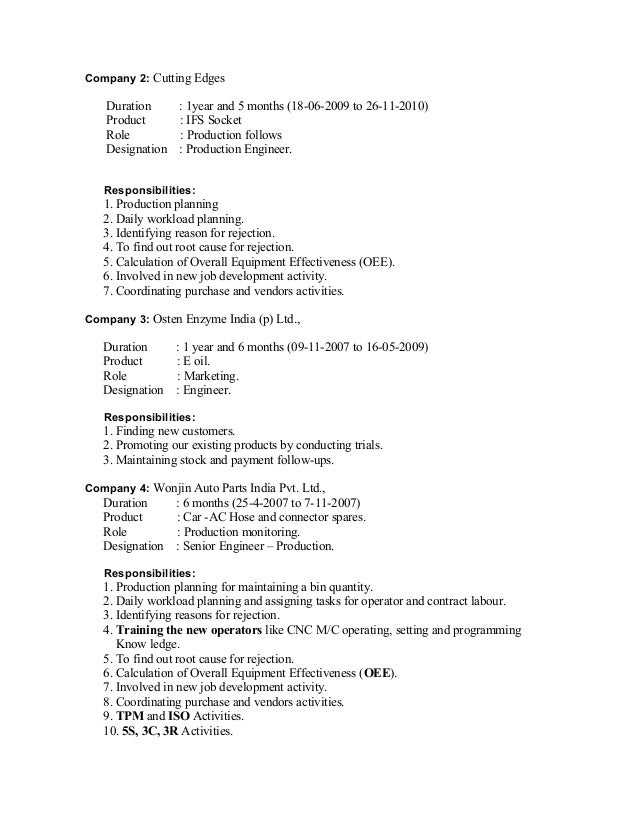 resume for production engineer