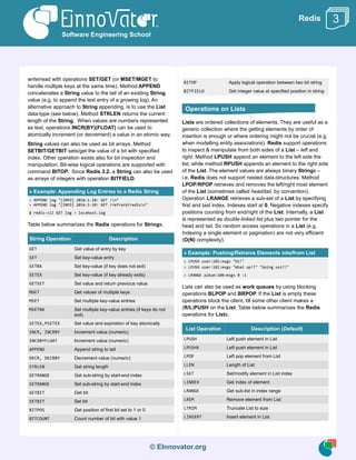 © EInnovator.org
Redis
write/read with operations SET/GET (or MSET/MGET to
handle multiple keys at the same time). Method APPEND
concatenates a String value to the tail of an existing String
value (e.g. to append the text entry of a growing log). An
alternative approach to String appending, is to use the List
data-type (see below). Method STRLEN returns the current
length of the String. When values are numbers represented
as text, operations INCR(BY)(FLOAT) can be used to
atomically increment (or decrement) a value in an atomic way.
String values can also be used as bit arrays. Method
SETBIT/GETBIT sets/get the value of a bit with specified
index. Other operation exists also for bit inspection and
manipulation. Bit-wise logical operations are supported with
command BITOP. Since Redis 3.2, a String can also be used
as arrays of integers with operation BITFIELD.
» Example: Appending Log Entries to a Redis String
> APPEND log "[INFO] 2016-1-10: GET /n"
> APPEND log "[INFO] 2016-1-10: GET /refcard/redisn"
$ redis-cli GET log > locahost.log
Table below summarizes the Redis operations for Strings.
String Operation Description
GET Get value of entry by key
SET Set key-value entry
SETNX Set key-value (if key does not exit)
SETEX Set key-value (if key already exits)
GETSET Set value and return previous value
MGET Get values of multiple keys
MSET Set multiple key-value entries
MSETNX Set multiple key-value entries (if keys do not
exit)
SETEX,PSETEX Set value and expiration of key atomically
INCR, INCRBY Increment value (numeric)
INCRBYFLOAT Increment value (numeric)
APPEND Append string to tail
DECR, DECRBY Decrement value (numeric)
STRLEN Get string length
GETRANGE Get sub-string by start-end index
SETRANGE Set sub-string by start-end index
GETBIT Get bit
SETBIT Set bit
BITPOS Get position of first bit set to 1 or 0
BITCOUNT Count number of bit with value 1
BITOP Apply logical operation between two bit string
BITFIELD Get integer value at specified position in string
Lists are ordered collections of elements. They are useful as a
generic collection where the getting elements by order of
insertion is enough or where ordering might not be crucial (e.g.
when modelling entity associations). Redis support operations
to inspect & manipulate from both sides of a List – left and
right. Method LPUSH append an element to the left side the
list, while method RPUSH appends an element to the right side
of the List. The element values are always binary Strings –
i.e. Redis does not support nested data-structures. Method
LPOP/RPOP retrieves and removes the left/right most element
of the List (sometimes called head/tail, by convention).
Operation LRANGE retrieves a sub-set of a List by specifying
first and last index. Indexes start at 0. Negative indexes specify
positions counting from end/right of the List. Internally, a List
is represented as double-linked list plus two pointer for the
head and tail. So random access operations in a List (e.g.
Indexing a single element or pagination) are not very efficient
(O(N) complexity).
» Example: Pushing/Retreive Elements into/from List
> LPUSH user:101:msgs "Hi!"
> LPUSH user:101:msgs "What up!?" "Going out?!"
> LRANGE album:100:msgs 0 -1
Lists can also be used as work queues by using blocking
operations BLPOP and BRPOP. If the List is empty these
operations block the client, till some other client makes a
(R/L)PUSH on the List. Table below summarizes the Redis
operations for Lists.
List Operation Description (Default)
LPUSH Left push element in List
LPUSHX Left push element in List
LPOP Left pop element from List
LLEN Length of List
LSET Set/modify element in List index
LINDEX Get index of element
LRANGE Get sub-list in index range
LREM Remove element from List
LTRIM Truncate List to size
LINSERT Insert element in List
Software Engineering School
3
Operations on Lists
 