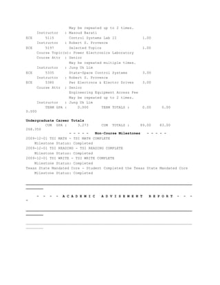 May be repeated up to 2 times.
Instructor : Masoud Barati
ECE 5115 Control Systems Lab II 1.00
Instructor : Robert S. Provence
ECE 5197 Selected Topics 1.00
Course Topic(s): Power Electronics Laboratory
Course Attr : Senior
May be repeated multiple times.
Instructor : Jung Uk Lim
ECE 5335 State-Space Control Systems 3.00
Instructor : Robert S. Provence
ECE 5380 Pwr Electrncs & Electrc Drives 3.00
Course Attr : Senior
Engineering Equipment Access Fee
May be repeated up to 2 times.
Instructor : Jung Uk Lim
TERM GPA : 0.000 TERM TOTALS : 0.00 0.00
0.000
Undergraduate Career Totals
CUM GPA : 3.273 CUM TOTALS : 89.00 83.00
268.350
- - - - - Non-Course Milestones - - - - -
2009-12-01 TSI MATH - TSI MATH COMPLETE
Milestone Status: Completed
2009-12-01 TSI READING - TSI READING COMPLETE
Milestone Status: Completed
2009-12-01 TSI WRITE - TSI WRITE COMPLETE
Milestone Status: Completed
Texas State Mandated Core - Student Completed the Texas State Mandated Core
Milestone Status: Completed
_____________________________________________________________________________
________
- - - - A C A D E M I C A D V I S E M E N T R E P O R T - - -
-
_____________________________________________________________________________
________
_____________________________________________________________________________
________
 