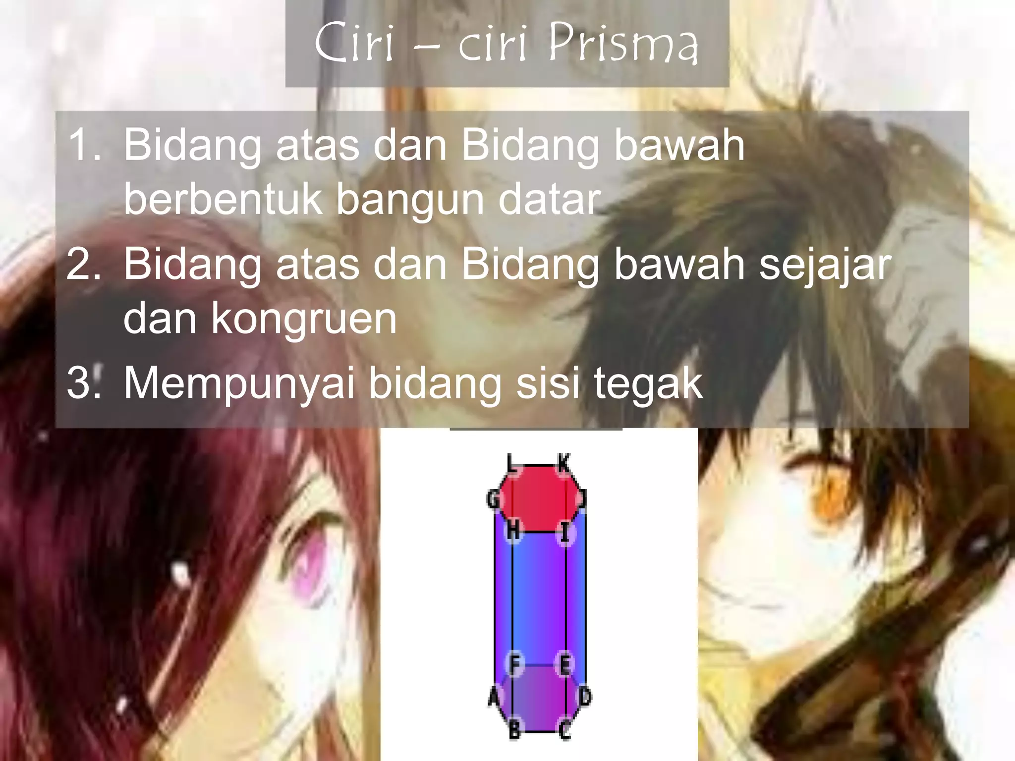 Ciri – ciri Prisma
1. Bidang atas dan Bidang bawah
berbentuk bangun datar
2. Bidang atas dan Bidang bawah sejajar
dan kongruen
3. Mempunyai bidang sisi tegak
 