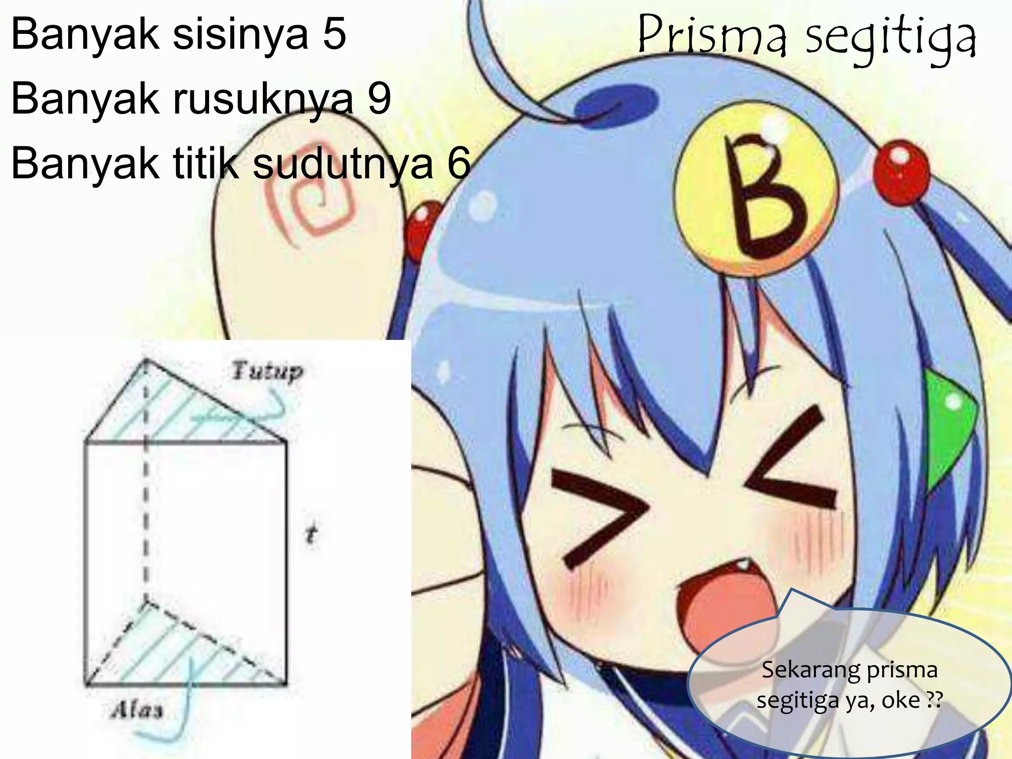 Prisma segitigaBanyak sisinya 5
Banyak rusuknya 9
Banyak titik sudutnya 6
Sekarang prisma
segitiga ya, oke ??
 