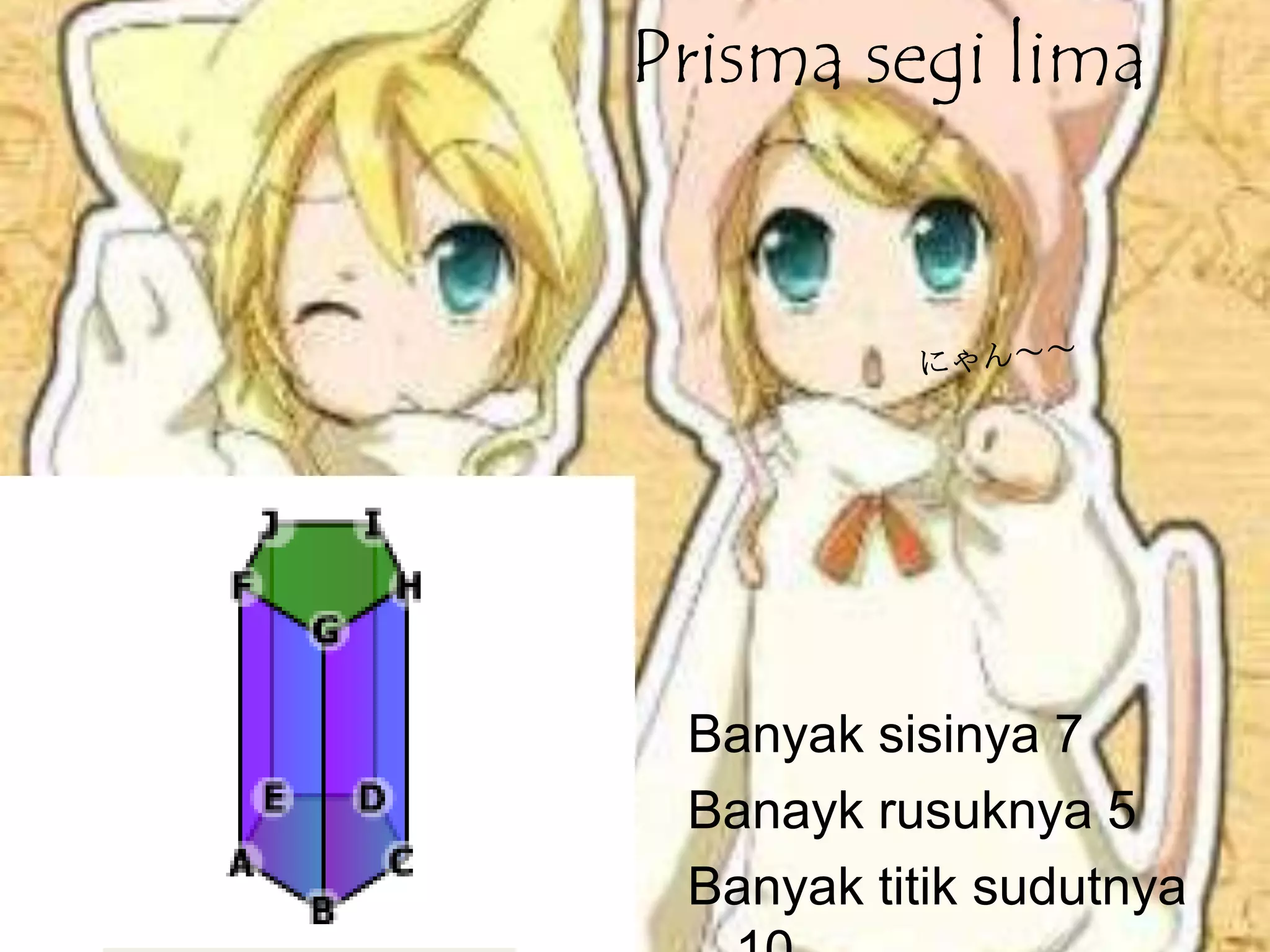 Prisma segi lima
Banyak sisinya 7
Banayk rusuknya 5
Banyak titik sudutnya
 