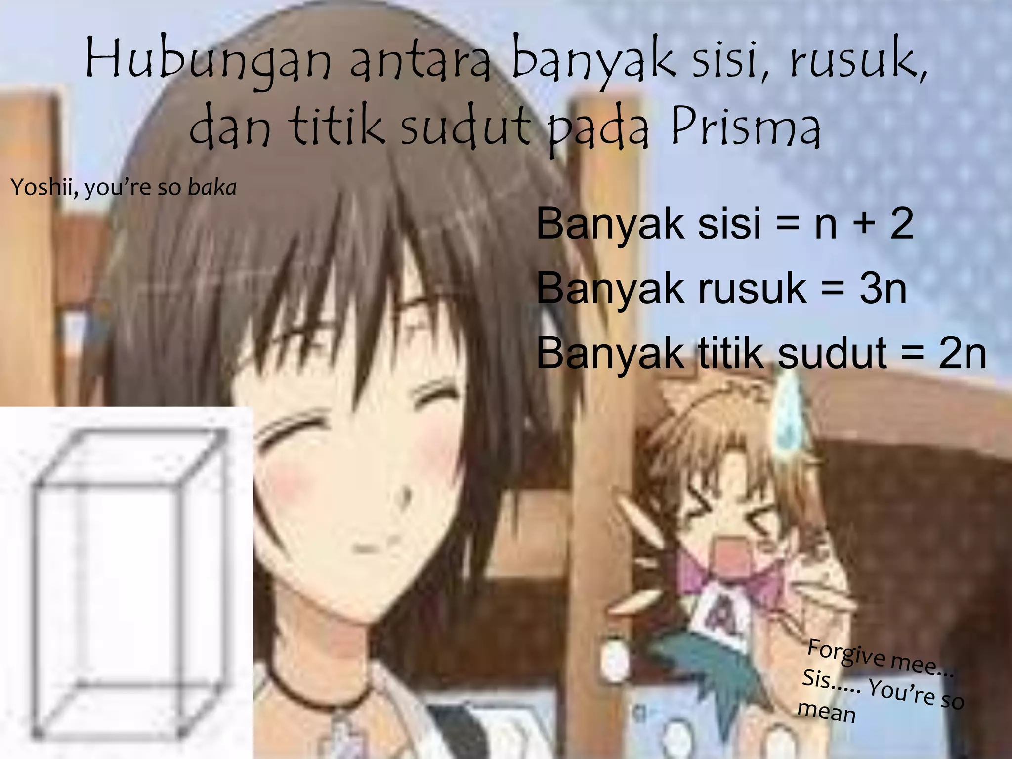Hubungan antara banyak sisi, rusuk,
dan titik sudut pada Prisma
Banyak sisi = n + 2
Banyak rusuk = 3n
Banyak titik sudut = 2n
Yoshii, you’re so baka
 