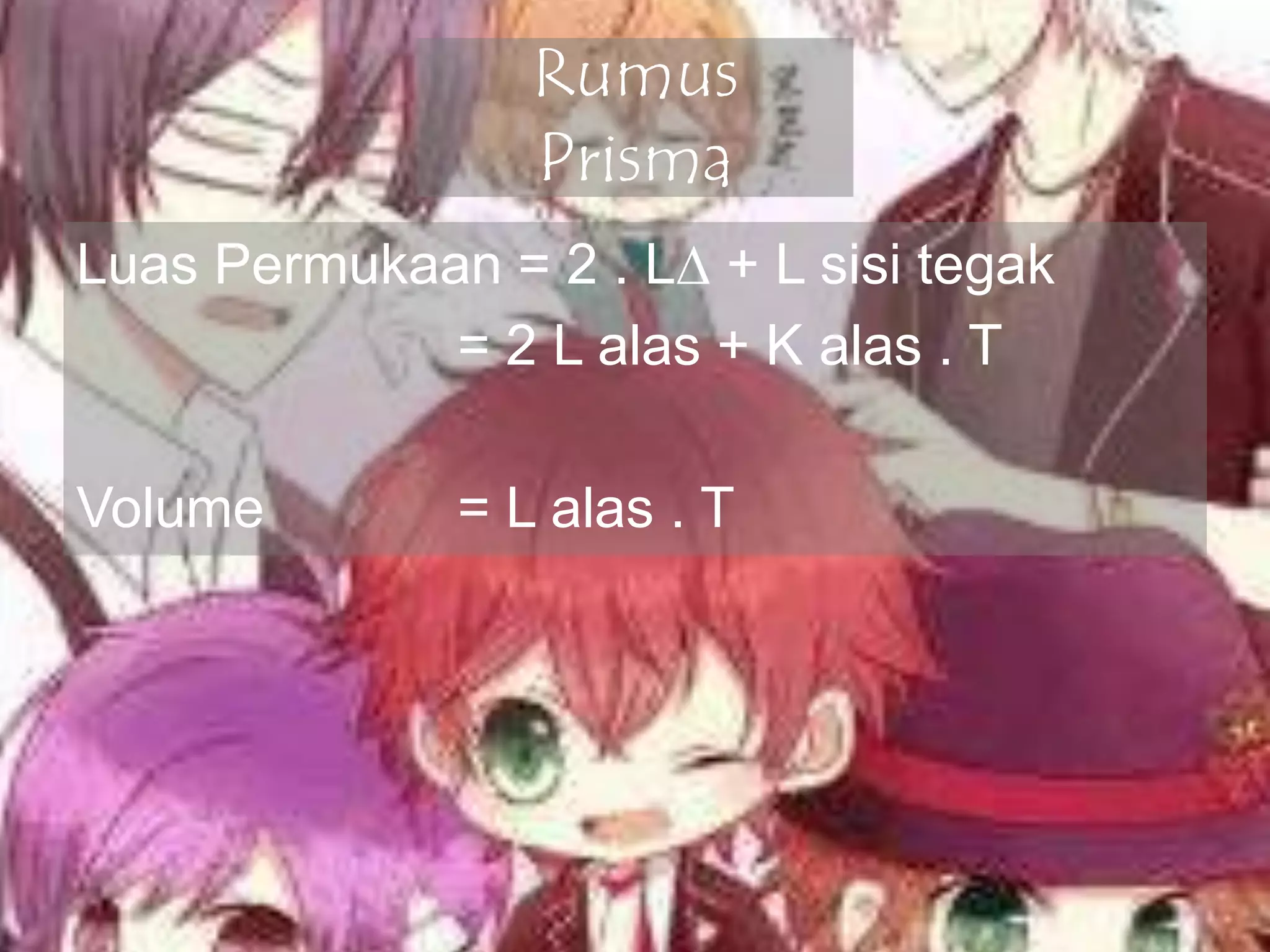 Rumus
Prisma
Luas Permukaan = 2 . L + L sisi tegak
= 2 L alas + K alas . T
Volume = L alas . T
 