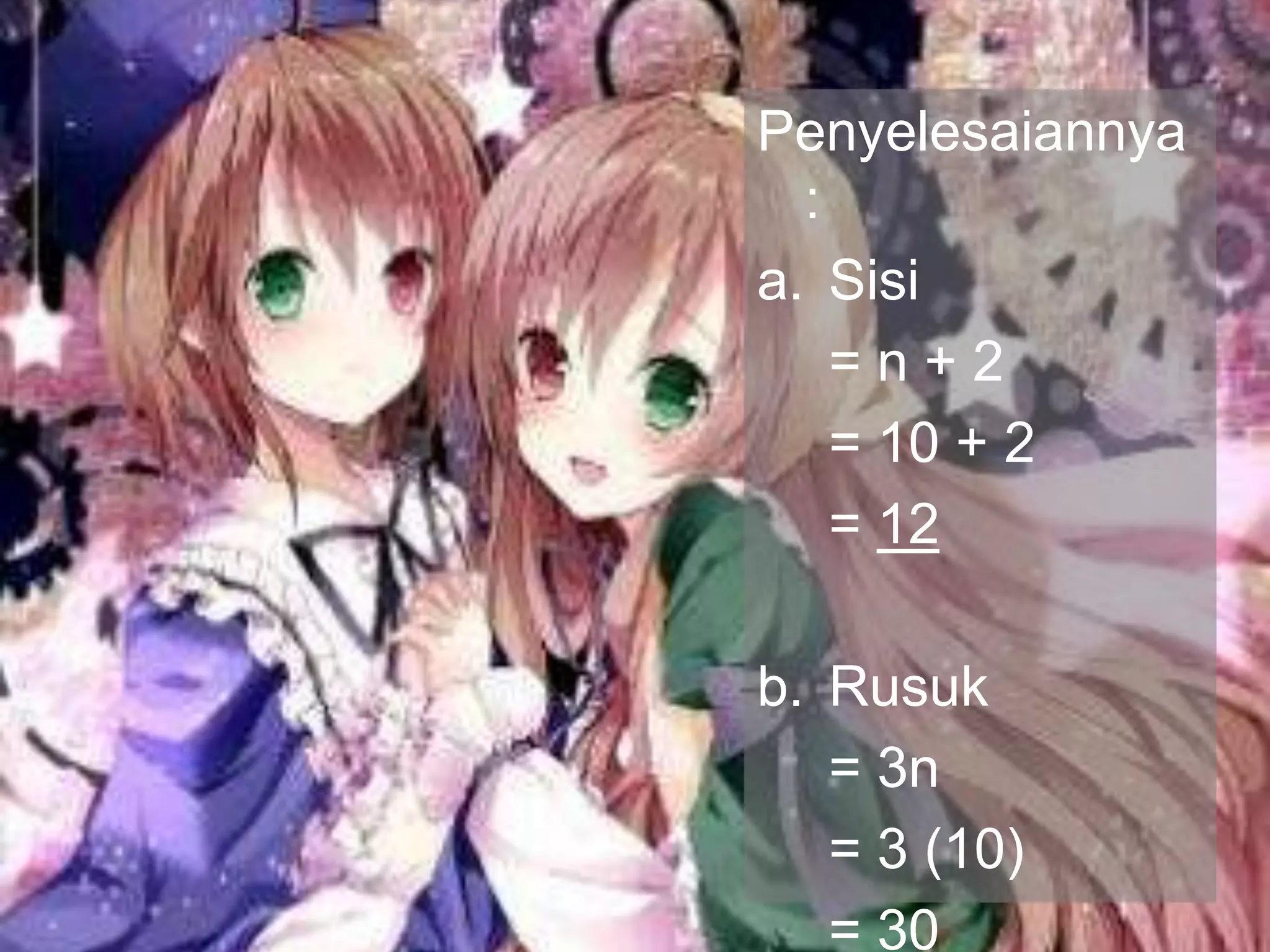 Penyelesaiannya
:
a. Sisi
= n + 2
= 10 + 2
= 12
b. Rusuk
= 3n
= 3 (10)
= 30
 