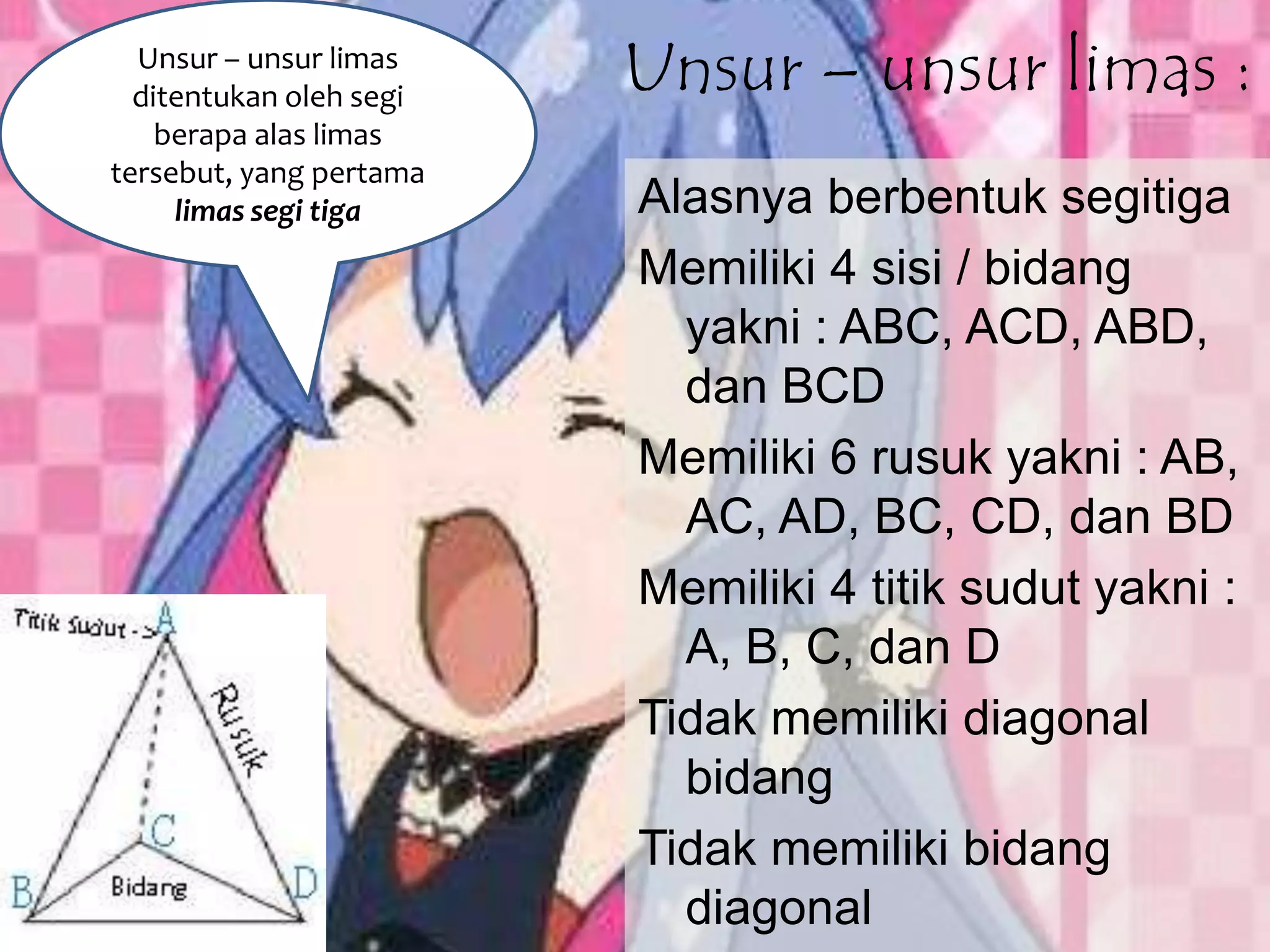 Unsur – unsur limas
ditentukan oleh segi
berapa alas limas
tersebut, yang pertama
limas segi tiga
Unsur – unsur limas :
Alasnya berbentuk segitiga
Memiliki 4 sisi / bidang
yakni : ABC, ACD, ABD,
dan BCD
Memiliki 6 rusuk yakni : AB,
AC, AD, BC, CD, dan BD
Memiliki 4 titik sudut yakni :
A, B, C, dan D
Tidak memiliki diagonal
bidang
Tidak memiliki bidang
diagonal
 