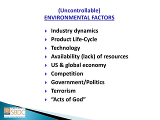  Industry dynamics
 Product Life-Cycle
 Technology
 Availability (lack) of resources
 US & global economy
 Competition
 Government/Politics
 Terrorism
 “Acts of God”
 