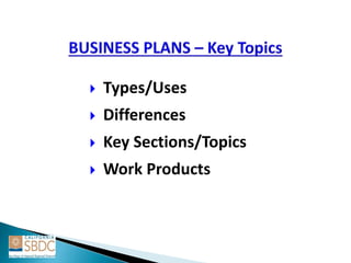  Types/Uses
 Differences
 Key Sections/Topics
 Work Products
 