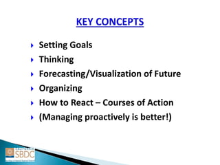  Setting Goals
 Thinking
 Forecasting/Visualization of Future
 Organizing
 How to React – Courses of Action
 (Managing proactively is better!)
 