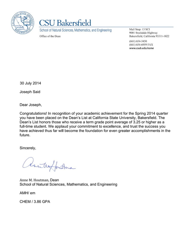 Dean's List Letter PDF