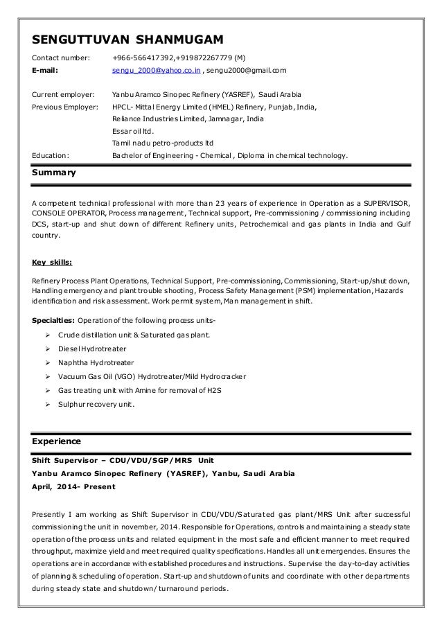 sengu cv chemical plant operator resume