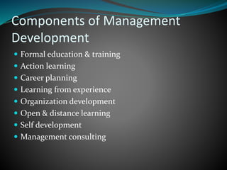 Components of Management
Development
 Formal education & training
 Action learning
 Career planning
 Learning from experience
 Organization development
 Open & distance learning
 Self development
 Management consulting
 