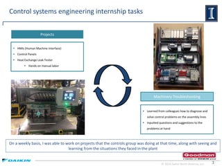 3
On a weekly basis, I was able to work on projects that the controls group was doing at that time, along with seeing and
learning from the situations they faced in the plant
Control systems engineering internship tasks
• HMIs (Human Machine Interface)
• Control Panels
• Heat Exchange Leak Tester
• Hands on manual labor
Projects
• Learned from colleagues how to diagnose and
solve control problems on the assembly lines
• Inputted questions and suggestions to the
problems at hand
Machinery Troubleshooting
© 2014 Daikin North America, LLC
 