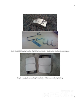 12
12
(Left) Headlight hanging Bracket (Right) Various Hooks – Made using blacksmith techniques.
Simply enough, these are height blocks to hold a machine during testing.
 