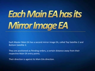 Each Master Main EA has a second mirror image EA, called Top Satellite 2 and
Bottom Satellite 2.
They are positioned as Pending orders, a certain distance away from their
respective Main EA entry points.
Their direction is against its Main EAs direction.
 