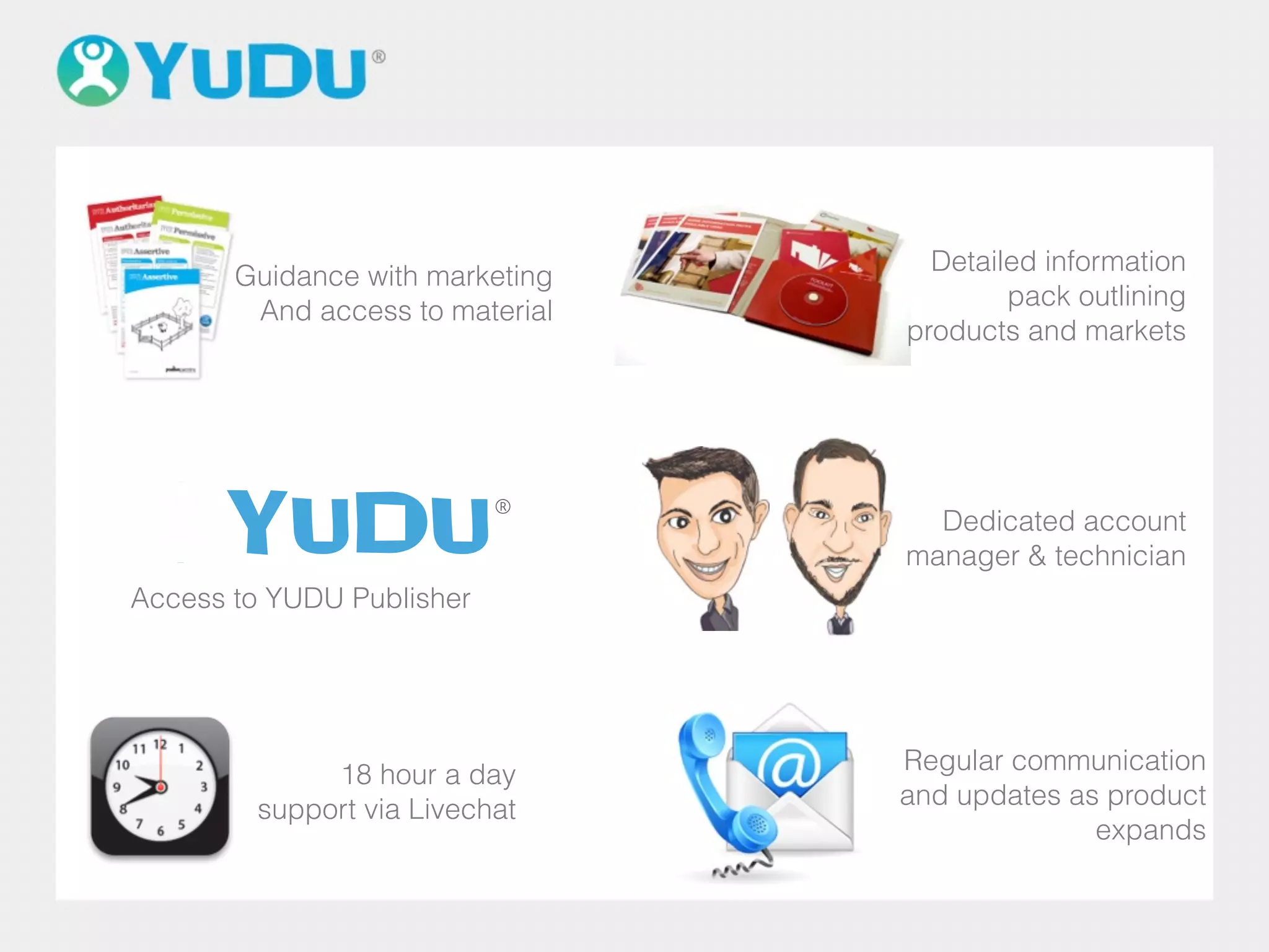 Guidance with marketing
And access to material
Access to YUDU Publisher
18 hour a day
support via Livechat
Detailed information
pack outlining
products and markets
Dedicated account
manager & technician
Regular communication
and updates as product
expands
 
