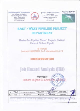 Dirham Muiahid At-$alah Est,
For General Contracting
Gen. Building Cont. & Road.
Mech. Elect. Maint.
& Operation Works
c.R.2050054797
{l*aJl.l*t*..* p.a-::n-*3-c ry-ffiifffi}i
EA.,ST /TIEST PIPELITTE PEOJECT
DEP*.BTITERT
Master Gas Pipeline Phase 1 Projects Division
Camp 4, Binban, Riyadh
Bl-10-01282
Csntract #: 6000032833, C,A.T. lnternational Co L.T.D
contrRUcrloI
PREPARED BY
Dirham Mujahid Al-Sala
a*{r"4rr;dir-rJt?sl..ft*r!C.r€ttr[!l#{tUe-pta.rJt-.'lr&Ytlfot'+'iri-'lf^Yrtf.li tr&b* rlarv(Ji.ri'..jtjljdJJtYvlv,.Lra
P,O, Box 68747 P.Cods 3153? - Fax : {13 8ZZ gd6l - Tel.: 913 82U g35t - Damrnarn - Abo Bakr A!*eddeek St. - Kingdorn of Sfudi Arabia

 