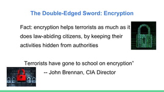 The Double-Edged Sword: Encryption
Fact: encryption helps terrorists as much as it
does law-abiding citizens, by keeping their
activities hidden from authorities
Terrorists have gone to school on encryption”
-- John Brennan, CIA Director
 