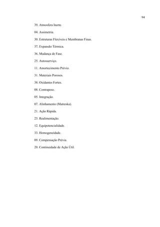 94
39. Atmosfera Inerte.
04. Assimetria.
30. Estruturas Flexíveis e Membranas Finas.
37. Expansão Térmica.
36. Mudança de Fase.
25. Autosserviço.
11. Amortecimento Prévio.
31. Materiais Porosos.
38. Oxidantes Fortes.
08. Contrapeso.
05. Integração.
07. Alinhamento (Matreska).
21. Ação Rápida.
23. Realimentação.
12. Equipotencialidade.
33. Homogeneidade.
09. Compensação Prévia.
20. Continuidade de Ação Útil.
 