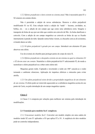101
1.2.2 Efeitos prejudiciais e úteis existem no sistema atual. Não é necessário para S1 e
S2 estarem em contato direto.
Não é permitida a adição de novas substâncias. Remova o efeito prejudicial
modificando S1 ou S2. Esta solução inclui a adição de “nada” – lacunas, cavidades, ar,
bolhas, etc. – ou a adição de um campo que age como uma substância extra. Imagine o
transporte de bolas de aço por um tubo que contém um cotovelo de 90o. As bolas danificam o
cotovelo. Com a adição de um campo magnético ao cotovelo as bolas de aço se fixarão
internamente à parede do tubo. Quando outras bolas vierem, se chocarão com as ali existentes,
evitando danos ao tubo.
1.2.3 O efeito prejudicial é gerado por um campo. Introduzir um elemento S3 para
absorver este efeito.
Uso de aventais de chumbo para proteger partes do corpo de raios-X.
1.2.4 Efeitos prejudiciais e desejados existem em um sistema no qual os elementos S1
e S2 devem estar em contato. Neutralize o efeito prejudicial de F1 adicionando F2, de modo a
neutralizar o efeito prejudicial ou a obter outro efeito útil.
Maquinas geram ruído. Captando e invertendo o ruído em 180° cancela-se o ruído
tornando o ambiente silencioso. Aplicação de impulsos elétricos a músculos para evitar
atrofia.
1.2.5 Um efeito prejudicial existe devido a propriedades magnéticas de um elemento
de um sistema. O efeito pode ser removido aquecendo-se a substância magnética acima de seu
ponto de Curie, ou pela introdução de um campo magnético oposto.
Classe 2
A Classe 2 é composta por soluções para melhorar um sistema pela introdução de
modificações.
2.1 Transição para modelos Su-C complexos.
2.1.1 Concatenar modelos Su-C: Converter um modelo simples em uma cadeia de
modelos tendo S2 com F1 aplicados a S3 que aplica F2 a S1. A seqüência de dois modelos
pode ter controles independentes.
 
