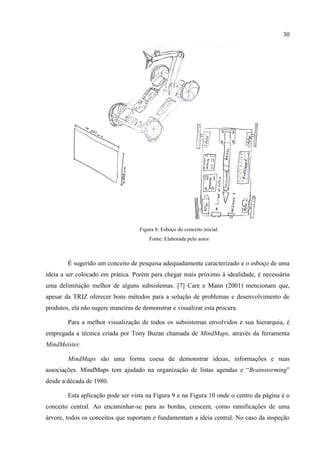 30
Figura 8: Esboço do conceito inicial.
Fonte: Elaborada pelo autor
É sugerido um conceito de pesquisa adequadamente caracterizado e o esboço de uma
ideia a ser colocado em prática. Porém para chegar mais próximo à idealidade, é necessária
uma delimitação melhor de alguns subsistemas. [7] Care e Mann (2001) mencionam que,
apesar da TRIZ oferecer bons métodos para a solução de problemas e desenvolvimento de
produtos, ela não sugere maneiras de demonstrar e visualizar esta procura.
Para a melhor visualização de todos os subsistemas envolvidos e sua hierarquia, é
empregada a técnica criada por Tony Buzan chamada de MindMaps, através da ferramenta
MindMeister.
MindMaps são uma forma coesa de demonstrar ideias, informações e suas
associações. MindMaps tem ajudado na organização de listas agendas e “Brainstorming”
desde a década de 1980.
Esta aplicação pode ser vista na Figura 9 e na Figura 10 onde o centro da página é o
conceito central. Ao encaminhar-se para as bordas, crescem, como ramificações de uma
árvore, todos os conceitos que suportam e fundamentam a ideia central. No caso da inspeção
 