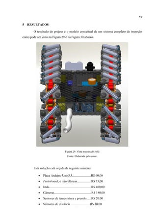 59
5 RESULTADOS
O resultado do projeto é o modelo conceitual de um sistema completo de inspeção
como pode ser visto na Figura 29 e na Figura 30 abaixo.
Figura 29: Vista traseira do robô
Fonte: Elaborada pelo autor.
Esta solução está orçada da seguinte maneira:
 Placa Arduino Uno R3........................R$ 60,00
 Protoboard, e miscelâneas..................R$ 35,00
 Imãs.....................................................R$ 400,00
 Câmeras...............................................R$ 180,00
 Sensores de temperatura e pressão......R$ 20.00
 Sensores de distância.........................R$ 30,00
 