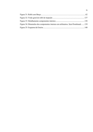 ix
Figura 31: Robô com Braço ..............................................................................................62
Figura 32: Visão geral do robô de inspeção....................................................................137
Figura 33: Detalhamento componentes internos.............................................................138
Figura 34: Dimensões dos componentes internos em milímetros. Sem Protoboard.......139
Figura 35: Esquema da Esteira........................................................................................140
 