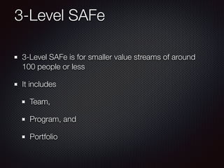 3-Level SAFe
3-Level SAFe is for smaller value streams of around
100 people or less
It includes
Team,
Program, and
Portfolio
 
