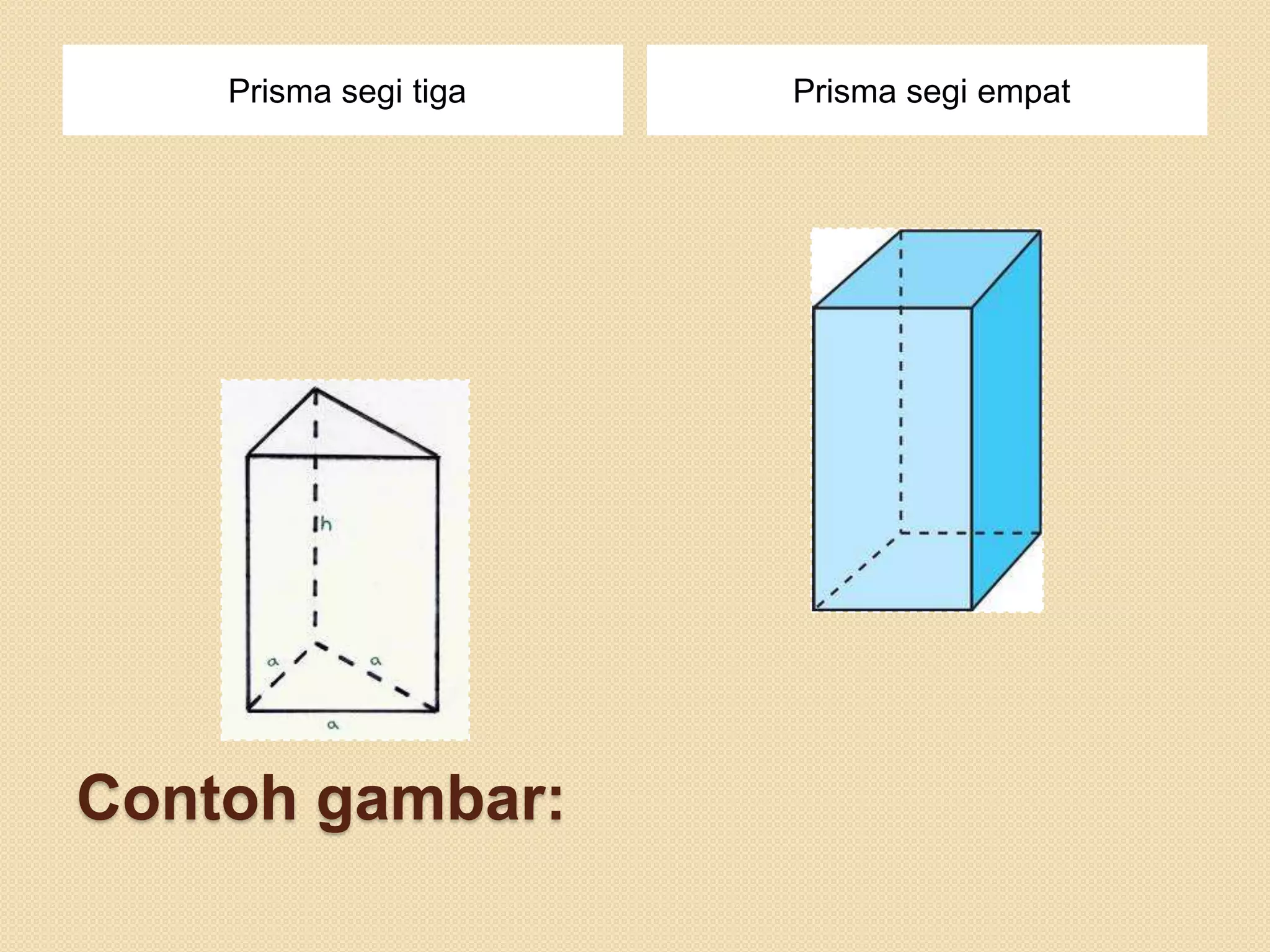 Contoh gambar:
Prisma segi tiga Prisma segi empat