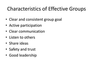 Characteristics of Effective Groups
• Clear and consistent group goal
• Active participation
• Clear communication
• Listen to others
• Share ideas
• Safety and trust
• Good leadership
 