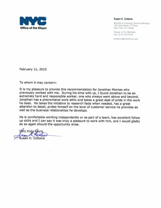 NYC Office of the Mayor HR Division Recommendation Letter