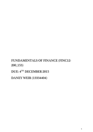 1
FUNDAMENTALS OF FINANCE (FINC12-
200_153)
DUE: 4TH
DECEMBER 2015
DANEY WEIR (13334404)
 
