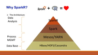 Why SparkR?
Ø The Architecture:
SparkR
Spark
Mesos/YARN
HBase/HDFS/Cassandra
Data	
Analysis
Process	
MGMT
Data	Base
 