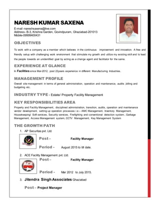 NARESHKUMAR SAXENA
E-mail -nareshsaxena@live.com
Address- B-3, Krishna Garden, Govindpuram, Ghaziabad-201013
Mobile-09999400431
OBJECTIVES
To work with a company as a member which believes in the continuous improvement and innovation. A free and
friendly setup with challenging work environment that stimulate my growth and utilize my existing skill and to lead
the people towards an unidentified goal by acting as a change agent and facilitator for the same.
EXPERIENCE AT GLANCE
In Facilities since Mar-2012, post 22years experience in different Manufacturing Industries.
MANAGEMENT PROFILE
Overall site management in terms of general administration, operation and maintenance, audits ,billing and
budgeting etc.
INDUSTRY TYPE - Estate/ Property Facility Management
KEY RESPONSIBILITIES AREA
Property and Facility Management, disciplined administration, transition, audits, operation and maintenance
vendor development, setting up operation processes i.e – AMC Management, Inventory Management,
Housekeeping/ Soft services, Security services, Firefighting and conventional detection system , Garbage
Management, Access Management system, CCTV Management, Key Management System
THE GROWTH PATH
1. AP Securitas pvt. Ltd.
Post – Facility Manager
Period - August 2015 to till date.
2. ACE Facility Management pvt. Ltd.
Post – Facility Manager
Period - Mar 2012 to July 2015.
3. Jitendra Singh Associates Ghaziabad
Post – Project Manager
 